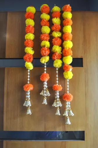 handmade orange and yellow genda door hanging with golden bells for home festive decor pack of 6