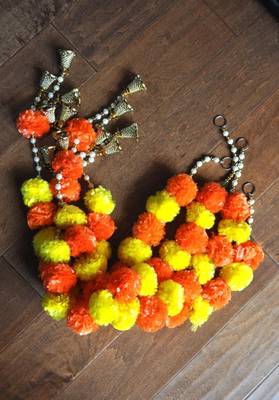 handmade orange and yellow genda door hanging with golden bells for home festive decor pack of 6 3