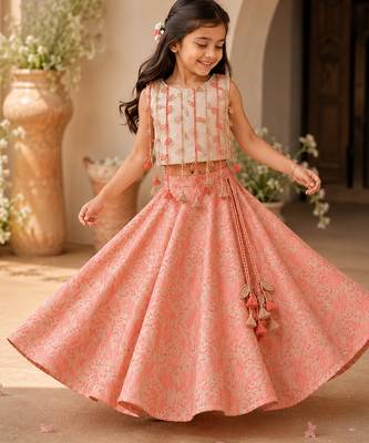 Gold pink leaf printed cotton lehenga set 1
