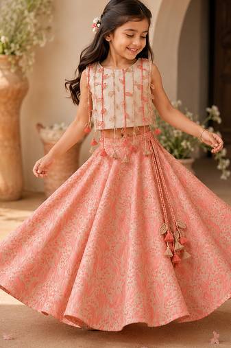 Gold pink leaf printed cotton lehenga set