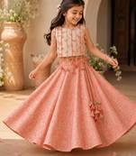 Gold pink leaf printed cotton lehenga set