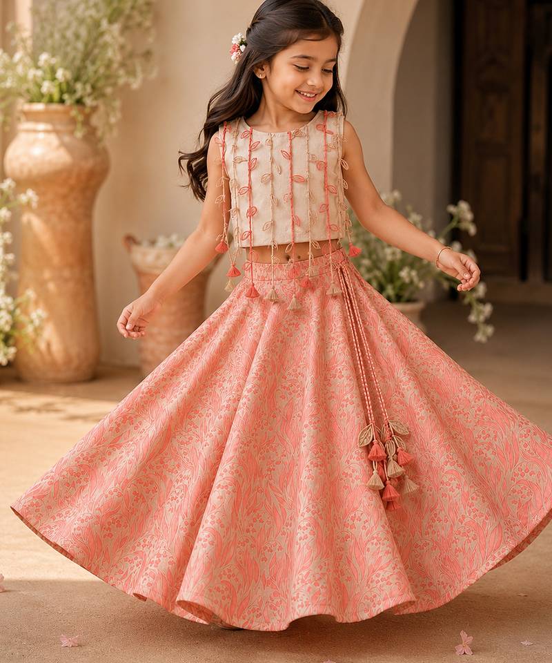 Gold pink leaf printed cotton lehenga set