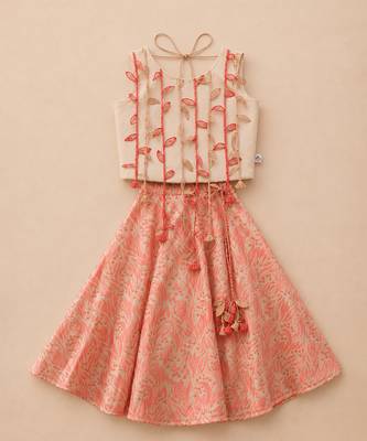 Gold pink leaf printed cotton lehenga set 2