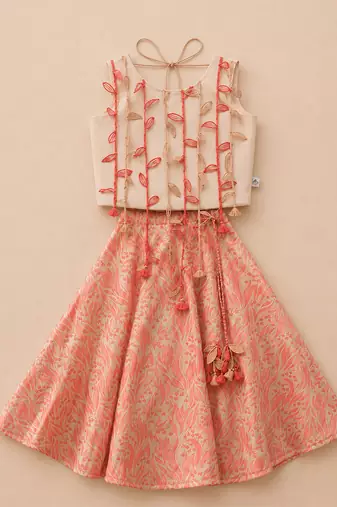 Gold pink leaf printed cotton lehenga set