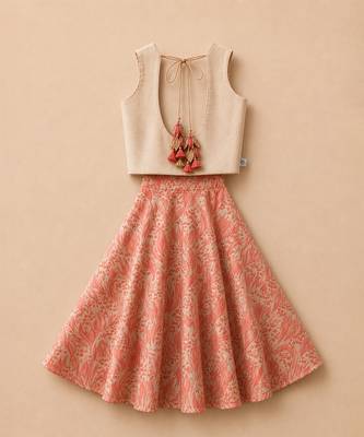 Gold pink leaf printed cotton lehenga set 3