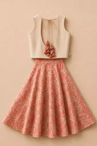 Gold pink leaf printed cotton lehenga set
