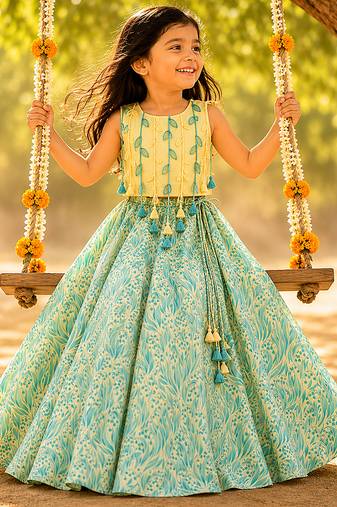Lemon yellow printed cotton lehenga set