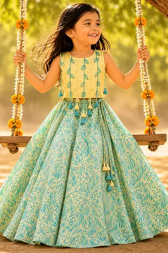Lemon yellow printed cotton lehenga set