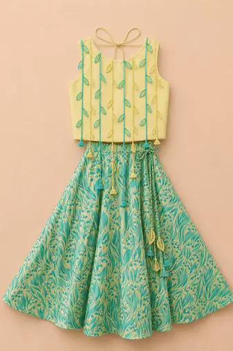Lemon yellow printed cotton lehenga set