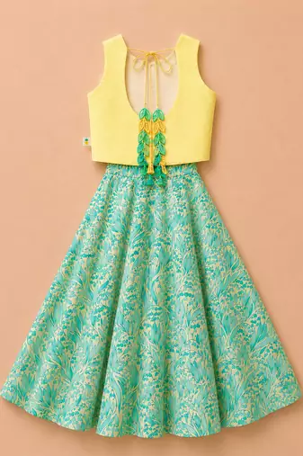 Lemon yellow printed cotton lehenga set