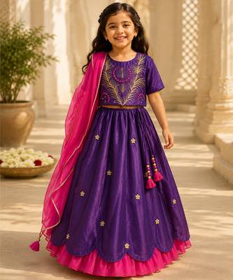 Purple embroidered cotton lehenga set 1