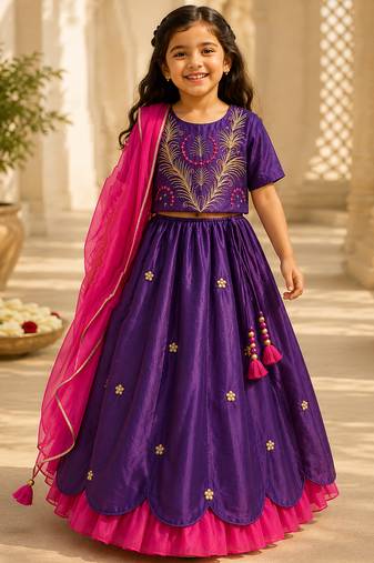 Purple embroidered cotton lehenga set