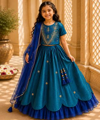 Teal blue embroidered cotton lehenga set 1