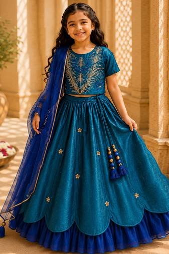 Teal blue embroidered cotton lehenga set