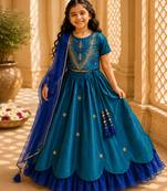 Teal blue embroidered cotton lehenga set