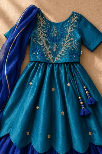 Teal blue embroidered cotton lehenga set