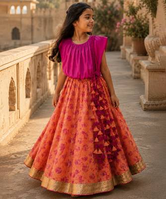 Fuchsia pink printed satin cotton lehenga set 1