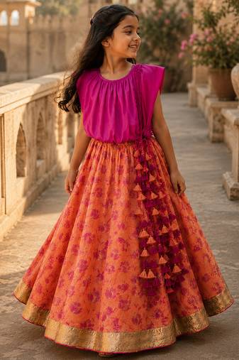 Fuchsia pink printed satin cotton lehenga set