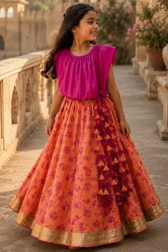 Fuchsia pink printed satin cotton lehenga set