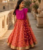 Fuchsia pink printed satin cotton lehenga set