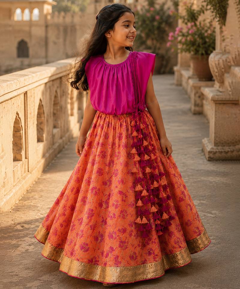 Fuchsia pink printed satin cotton lehenga set