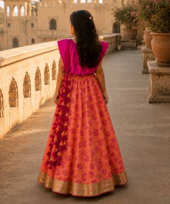 Fuchsia pink printed satin cotton lehenga set 2