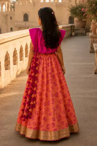 Fuchsia pink printed satin cotton lehenga set