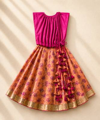 Fuchsia pink printed satin cotton lehenga set 3