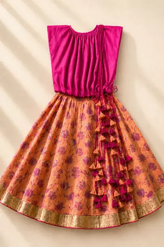 Fuchsia pink printed satin cotton lehenga set
