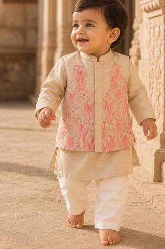 Cream pink printed cotton kurta jacket set