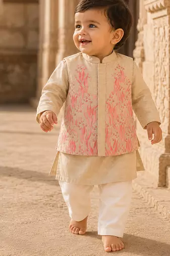 Cream pink printed cotton kurta jacket set