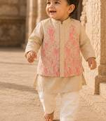 Cream pink printed cotton kurta jacket set