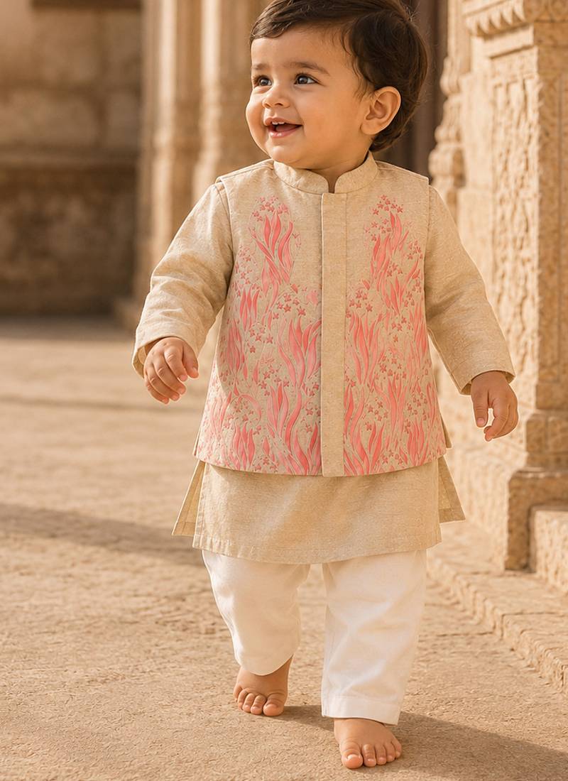 Cream pink printed cotton kurta jacket set