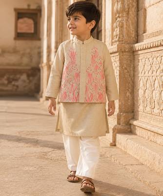 Cream pink printed cotton kurta jacket set 2