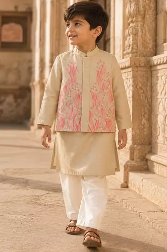Cream pink printed cotton kurta jacket set