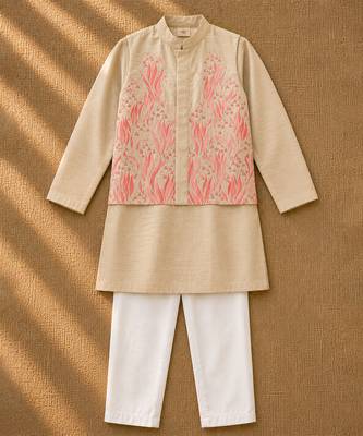 Cream pink printed cotton kurta jacket set 3