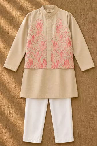 Cream pink printed cotton kurta jacket set