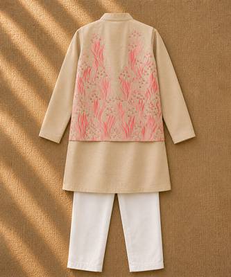Cream pink printed cotton kurta jacket set 4