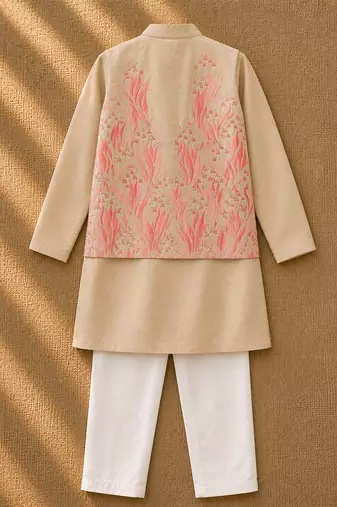Cream pink printed cotton kurta jacket set