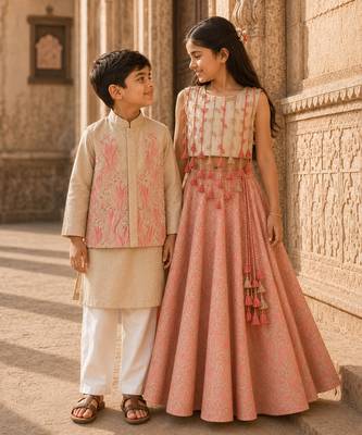 Cream pink printed cotton kurta jacket set 5