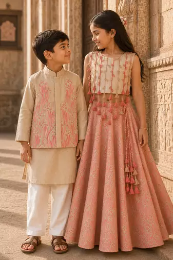 Cream pink printed cotton kurta jacket set