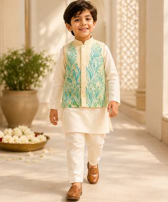 Lemon yellow white printed cotton kurta jacket set 1