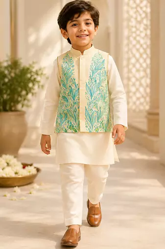 Lemon yellow white printed cotton kurta jacket set
