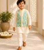 Lemon yellow white printed cotton kurta jacket set