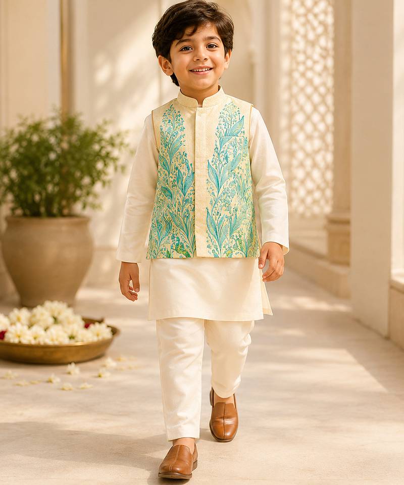 Lemon yellow white printed cotton kurta jacket set