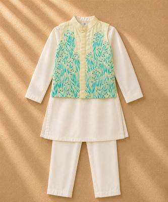 Lemon yellow white printed cotton kurta jacket set 2