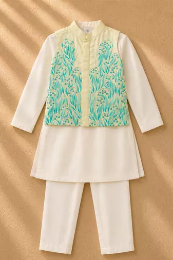 Lemon yellow white printed cotton kurta jacket set