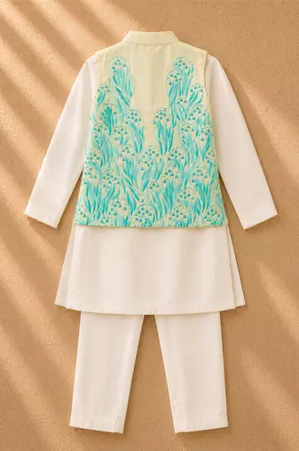 Lemon yellow white printed cotton kurta jacket set