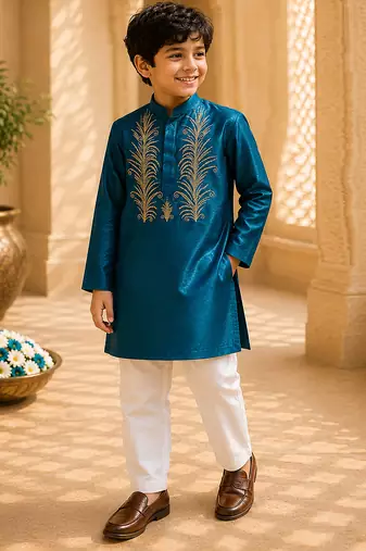 Teal green embroidered cotton kurta set