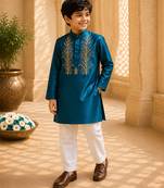 Teal green embroidered cotton kurta set
